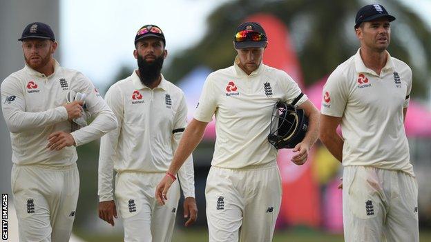 England's Jonny Bairstow, Moeen Ali, Joe Root and James Anderson look dejected after defeat by West Indies in the second Test