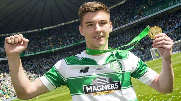 Kieran Tierney celebrates Celtic's title win