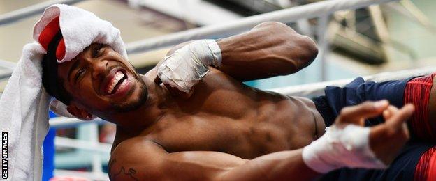 Anthony Joshua takes a break during the media workout at EIS Sheffield on April 19, 2017 in Sheffield