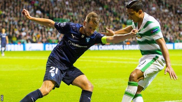 Kari Arnason in action against Celtic