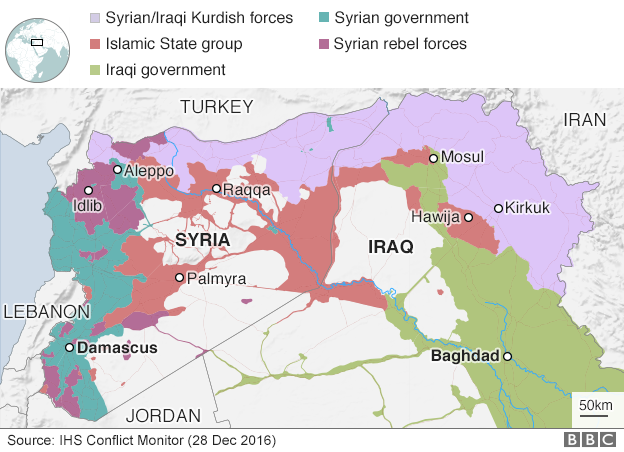 Map showing control of Syria and Iraq (28 December 2016)