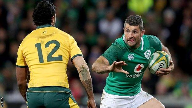 Ireland's Rob Kearney in action against Australia centre Kurtley Beale