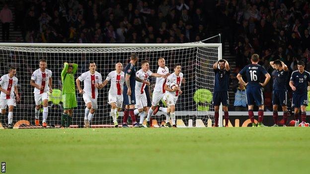 Poland celebrate while Scotland come to terms with what has just happened in the final seconds of the match