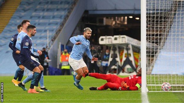 Sergio Aguero scores against Marseille