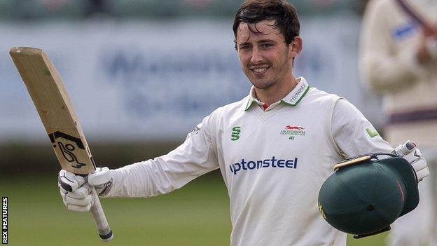 Harry Swindells celebrates his century against Somerset