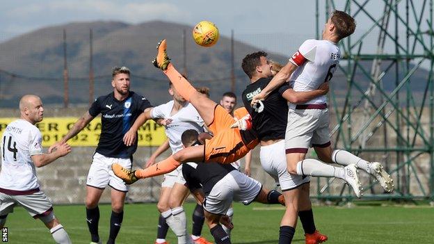 Hearts' Christophe Berra wins a header in the Raith Rovers box