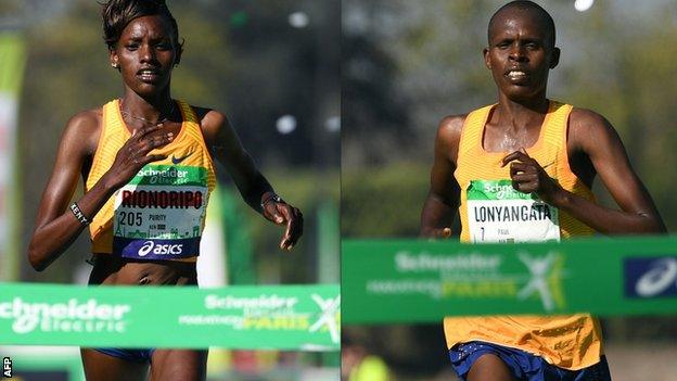 Women's winner Purity Rionoripo (left) beat her personal best time by almost four minutes as husband Paul Lonyangata also triumphed