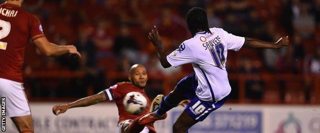 Romaine Sawyers scores for Walsall against Forest