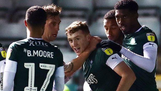 Luke Jephcott celebrates a goal for Plymouth Argyle