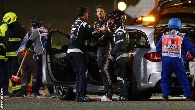 Romain Grosjean after his crash in Bahrain