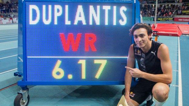 Sweden's Armand Duplantis reacts after his jump setting a world pole vault record of 6.17 metres at the Orlen Copernicus Cup 2020 World Athletics Indoor meeting in Torun, Poland