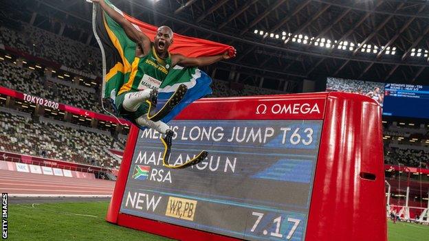 Ntando Mahlangu reacts to his T63 long jump world record at the Tokyo Paralympics