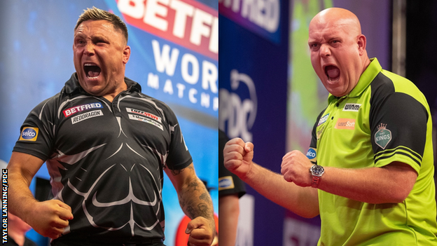 Gerwyn Price and Michael van Gerwen celebrating