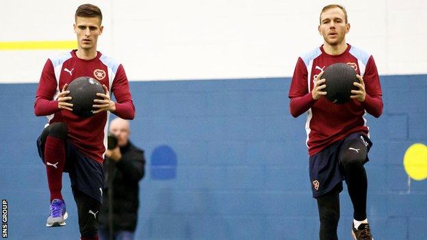 Andraz Struna (left) at Hearts training with fellow new arrival Malaury Martin