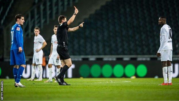 Marcus Thuram is dismissed during Borussia Monchengladbach's game against Hoffenheim