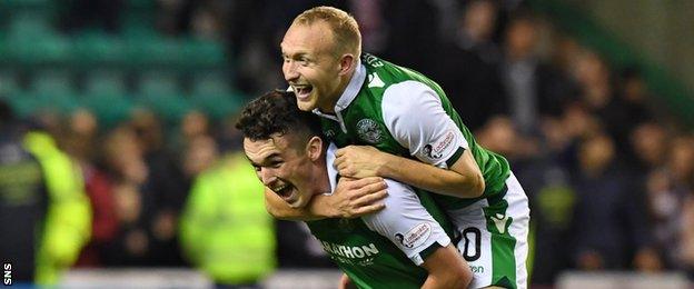 Hibs' John McGinn and Dylan McGeouch celebrate