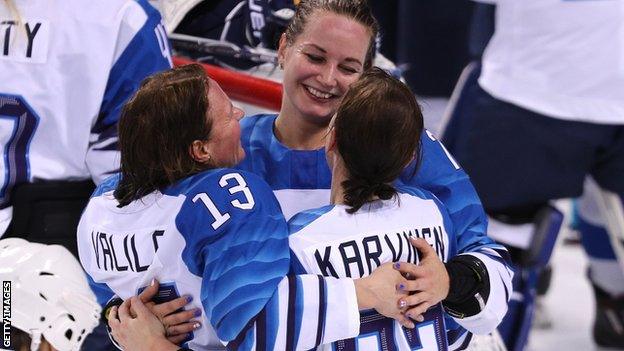 Finland celebrate beating the Olympic Athletes from Russia