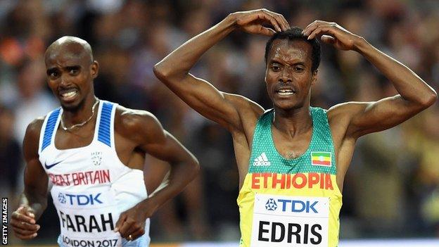 Mo Farah watches Muktar Edris perform the 'Mobot'