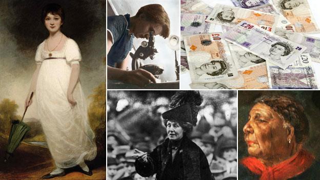 (Clockwise from left): Jane Austen; Rosalind Franklin; money; Mary Seacole; Emmeline Pankhurst