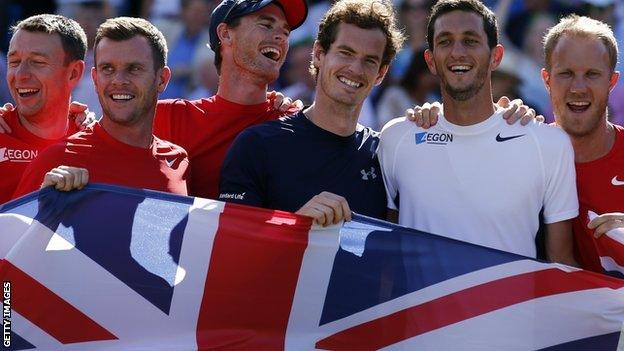 Britain celebrate victory over France in the Davis Cup