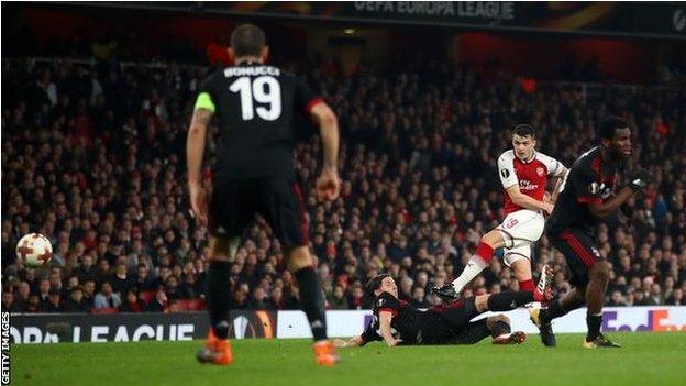 Granit Xhaka scores for Arsenal against AC Milan in the Europa League last 16