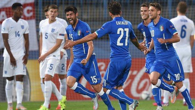 Italy players celebrate after scoring against England in the European U21 Championship