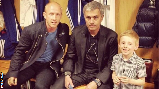 Yeovil boss and Chelsea fan Darren Way with Jose Mourinho when the Portuguese was in charge at Stamford Bridge. Also pictured is Way's son Mason