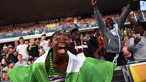 Nigeria's Ese Brume celebrates her long jump victory at the Commonwealth Games in Birmingham