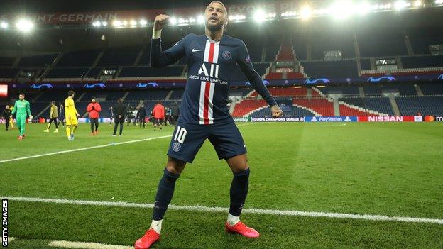 Neymar celebrates after Paris St Germain beat Borussia Dortmund in March in a Champions League tie held behind closed doors due to the coronavirus