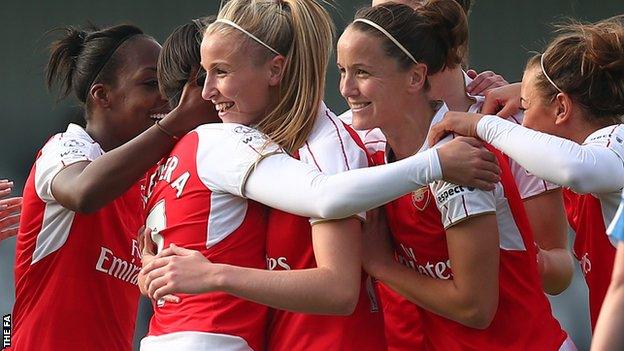 Arsenal congratulate Marta Corredera on her first-half goal against Birmingham