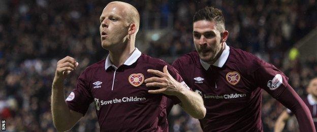 Steven Naismith celebrates after making it 2-1 to Hearts