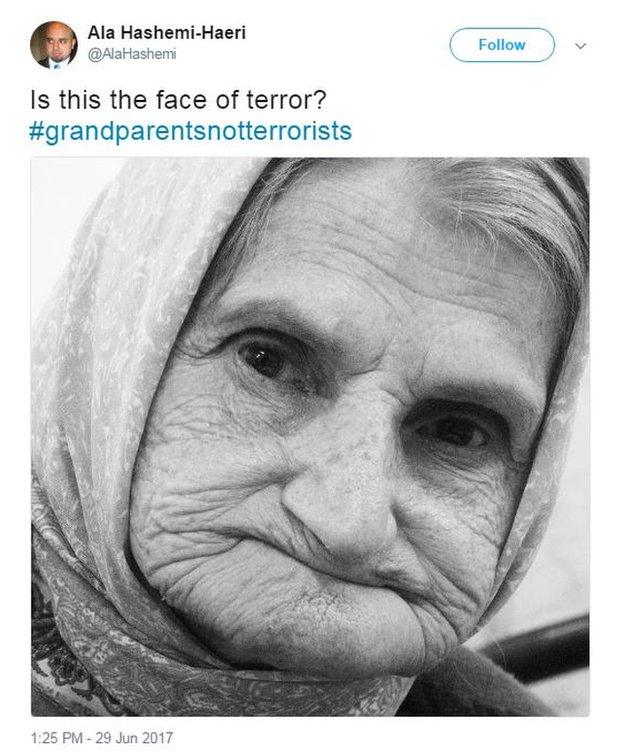 Ala Hashemi-Haeri tweets a photo of his grandmother with the caption: "Is this the face of terror? #grandparentsnotterrorists".