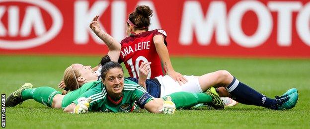 Scotland goalkeeper Gemma Fay watches on as Ana Leite's shot finds the back of the net for Portugal's second