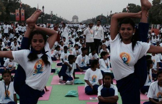 Yoga Day participants prepare for the event on Rajpath, Delhi 21 June 2015