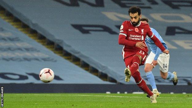 Liverpool forward Mohamed Salah scores a penalty during a 1-1 draw with Manchester City