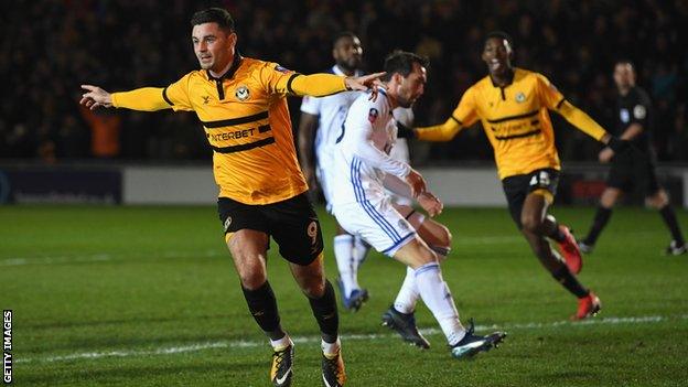 Padraig Amond celebrates his winning goal in Newport's win over Leicester in January 2019