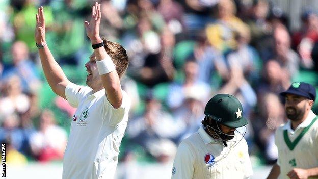 Delight for Boyd Rankin after he takes the first wicket for Ireland in Test cricket