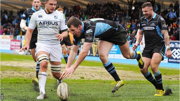 Glasgow Warriors centre Mark Bennett drops the ball against Cardiff Blues