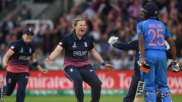 England bowler Anya Shrubsole celebrates taking a wicket in the 2017 World Cup final