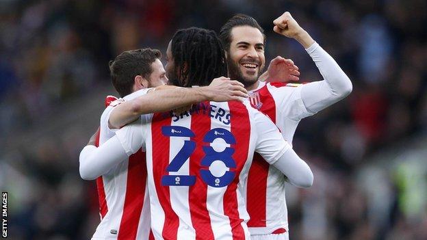 Mario Vrancic (right) celebrates scoring for Stoke City