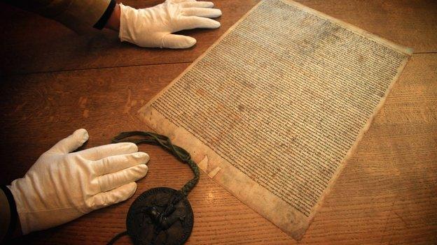 A facsimile copy of the 1215 document, Magna Carta, in the library at Salisbury Cathedral