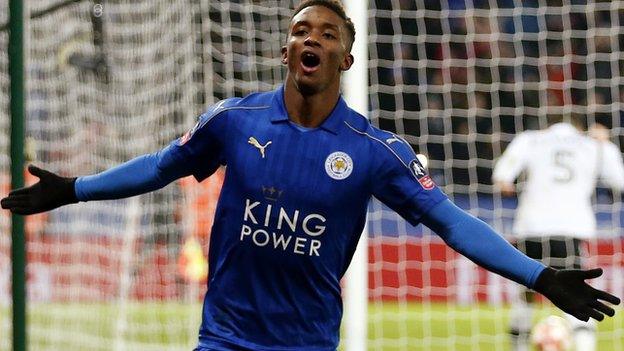 Leicester City's Demarai Gray celebrates scoring against Derby County