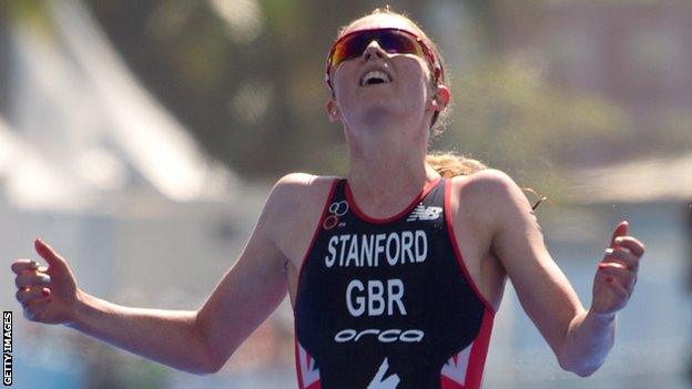 Non Stanford celebrates her second place at the ITU World Olympic Qualification Event in Brazil in 2015