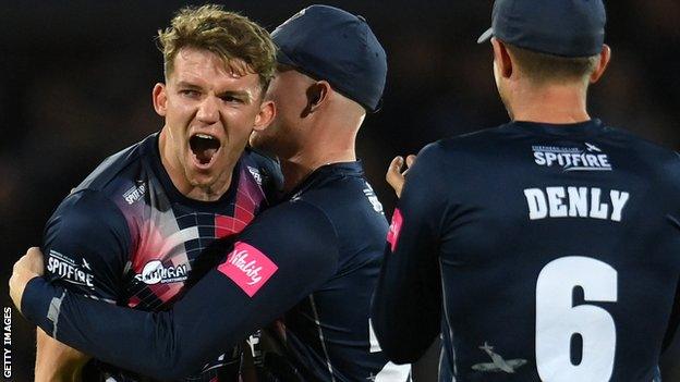 Matt Milnes celebrates a wicket for Kent against Birmingham Bears