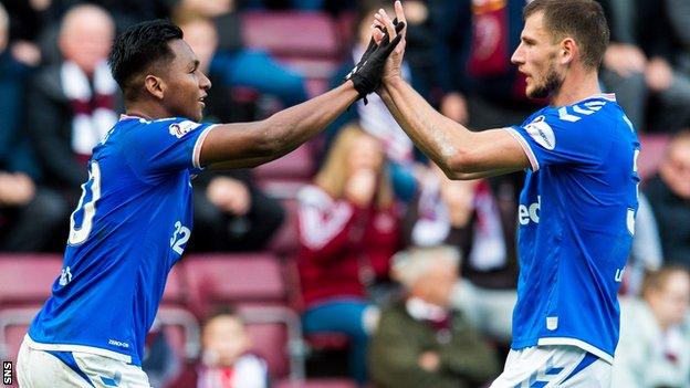 A goal from Alfredo Morelos (left) earned Rangers a 1-1 league draw away to Hearts last month