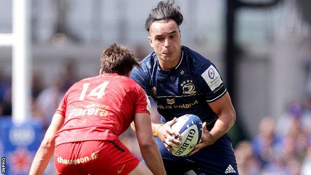 Toulouse wing Juan Cruz Mallia prepares to tackle Leinster back James Lowe in their Champions Cup semi-final