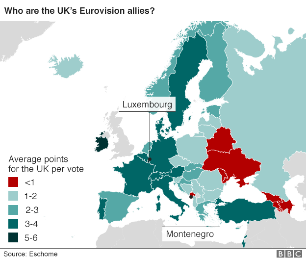 Heat map showing which countries have supported the UK most and least