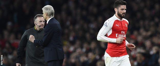 Olivier Giroud was substituted by Arsene Wenger following Per Mertesacker's sending off against Chelsea