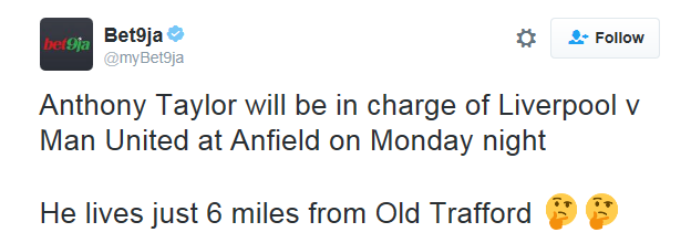 Tweet from a Liverpool fan questioning Anthony Taylor's appointment