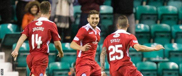 Queen of the Souths' Lydon Dykes (right) celebrates with his team mates after making it 3-1